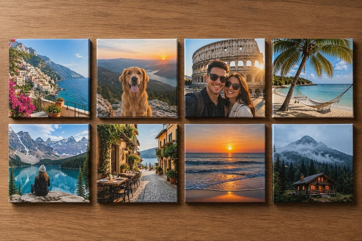 Custom square photo magnets grid on wood — personalized fridge magnets