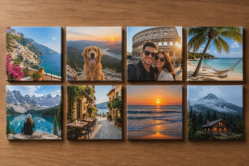 Custom square photo magnets grid on wood — personalized fridge magnets
