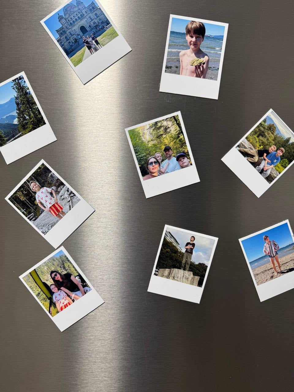 Soft custom Polaroid photo magnets on stainless fridge